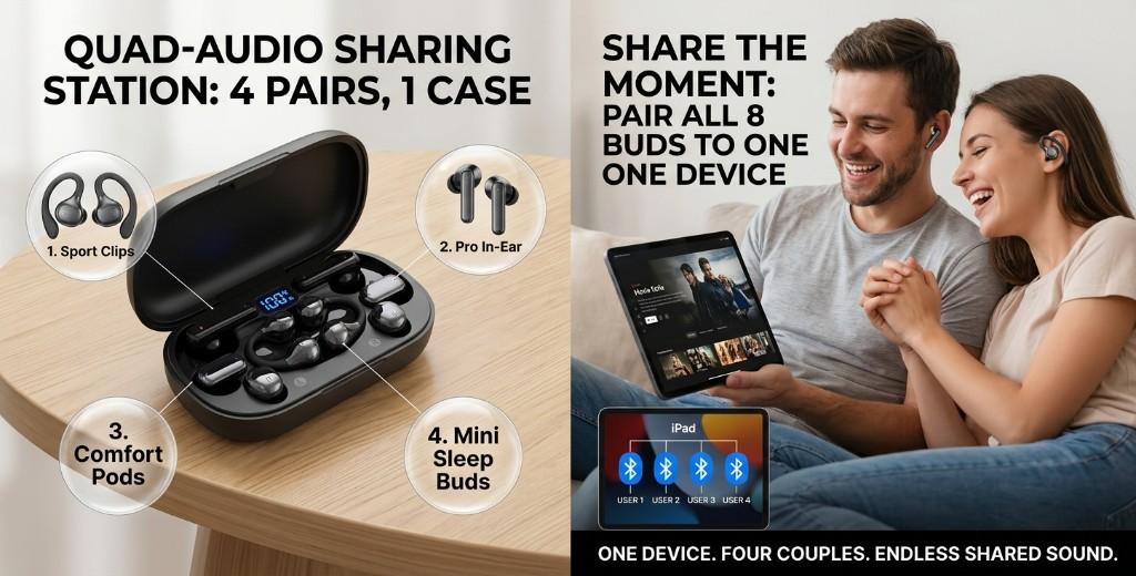 Joova Share case with four pairs of earbuds, and two people listening together from one tablet